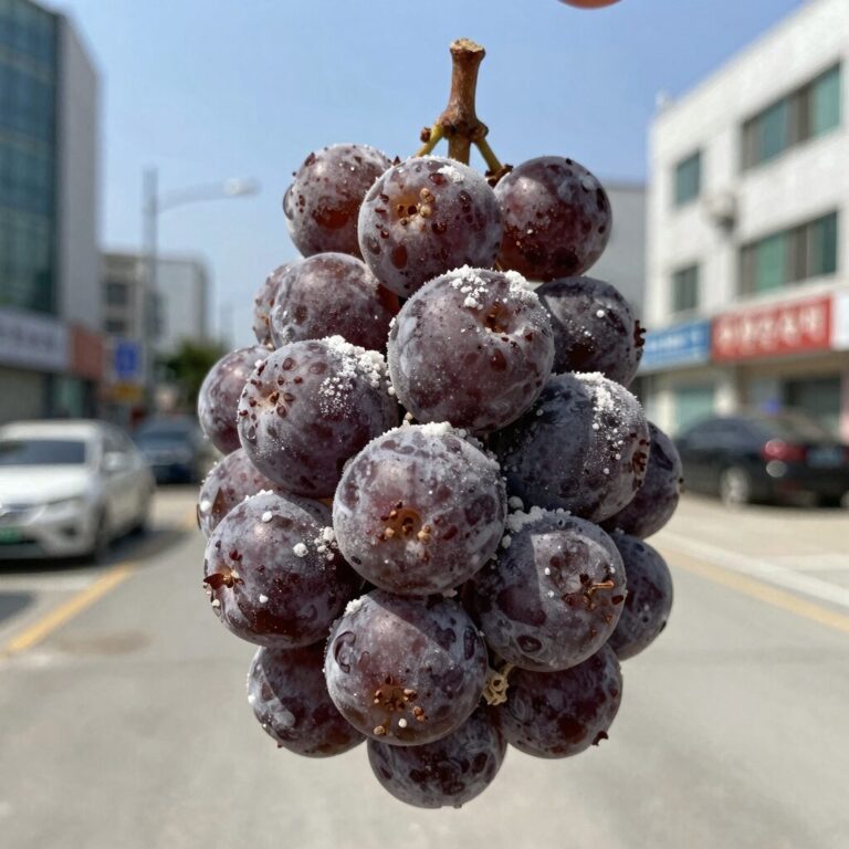 자두 주머니병에 걸린 열매가 길쭉하게 변형되고 표면에 흰 가루가 덮인 모습