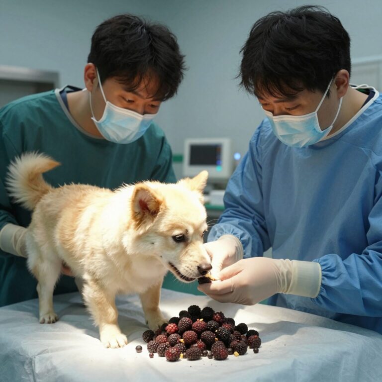 강아지가 자두 씨를 삼킨 후 내시경 시술을 받고 있는 모습