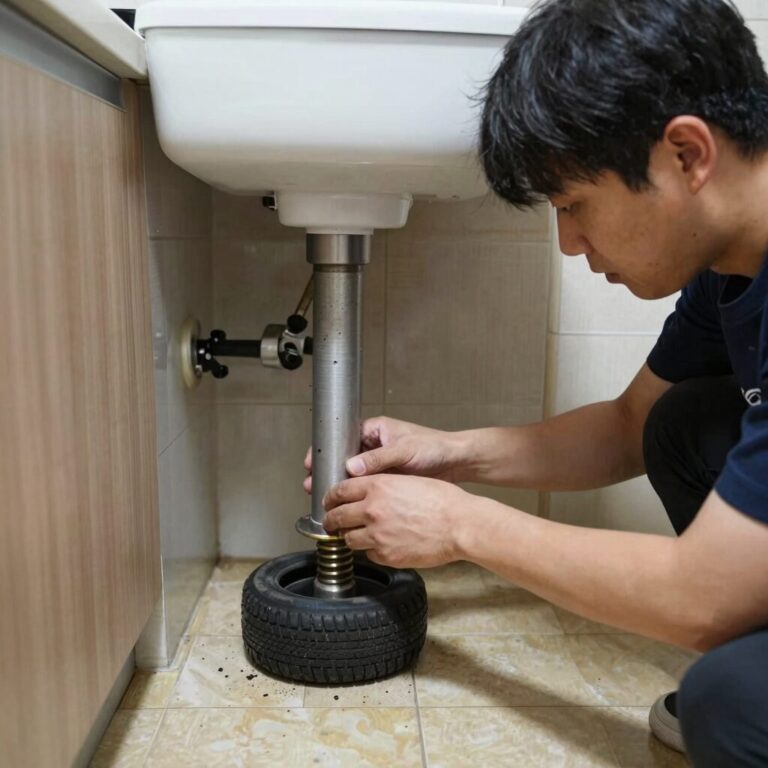 바퀴벌레 퇴치 전문가가 주방 하부장 배수구를 자세히 점검하고 있는 모습
