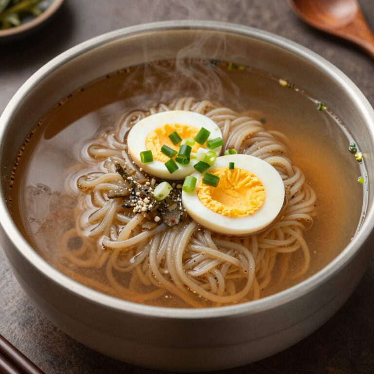 풀무원 함흥 비빔냉면을 그릇에 담고 초절임무와 고기를 곁들인 모습