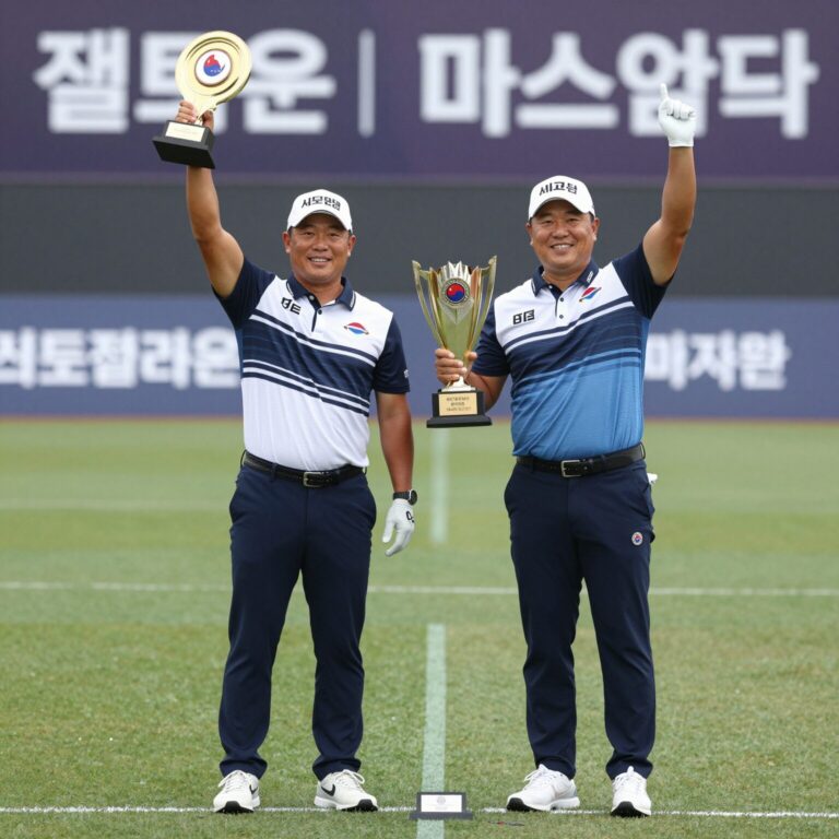 서교림 프로와 전병권 캐디가 셀트리온 퀸즈 마스터즈에서 우승 트로피를 들고 환호하는 모습