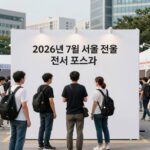2026년 7월 서울 전시회 포스터와 관람객들이 작품을 감상하는 모습