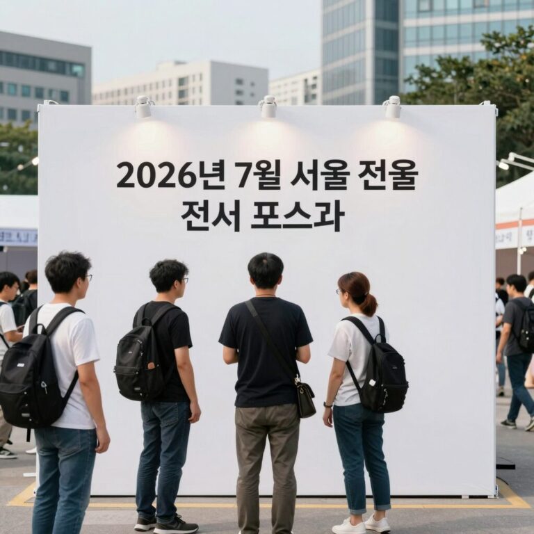 2026년 7월 서울 전시회 포스터와 관람객들이 작품을 감상하는 모습