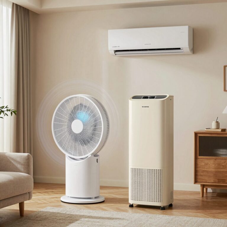 거실에 놓인 신일 에어써큘레이터 S10 아이보리 모델이 에어컨 옆에서 3D 입체 회전하며 공기를 순환시키는 모습