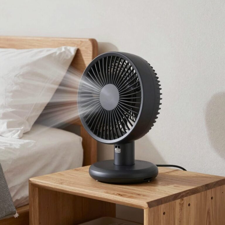 침대 옆 협탁 위에 놓인 무소음 탁상용 선풍기가 조용히 바람을 내보내는 모습