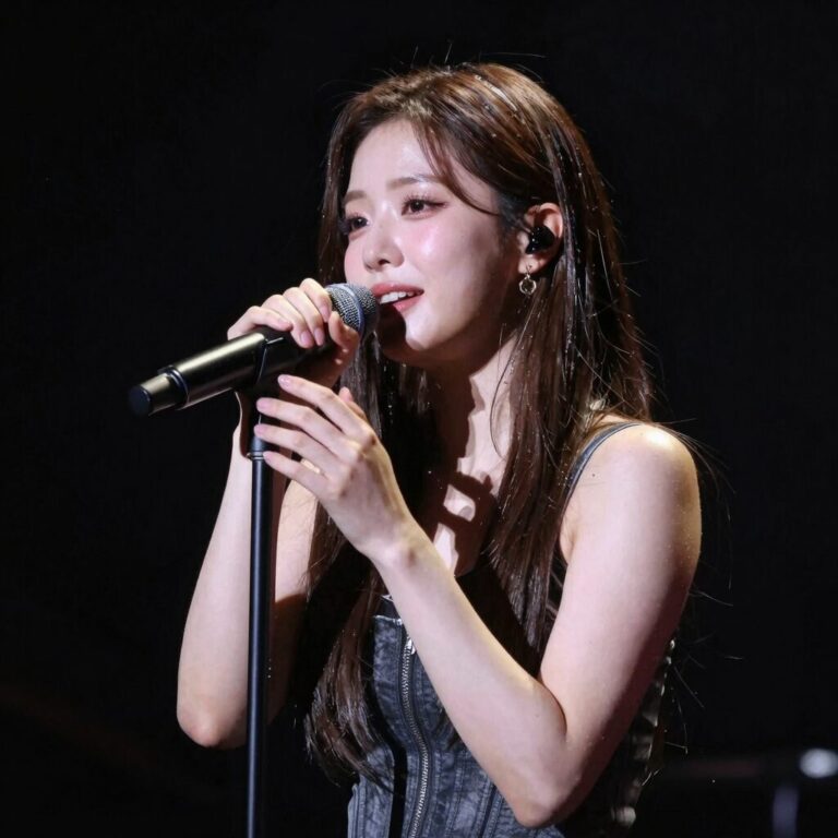 싱어게인 46호 가수가 무대에서 노래하는 모습, 감정에 젖은 표정과 함께 조명을 받고 있다