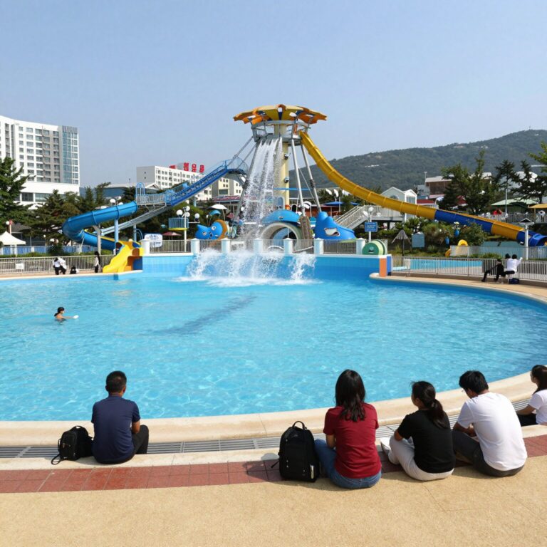 천안 소노벨 워터파크 야외 파도풀과 어트랙션 전경