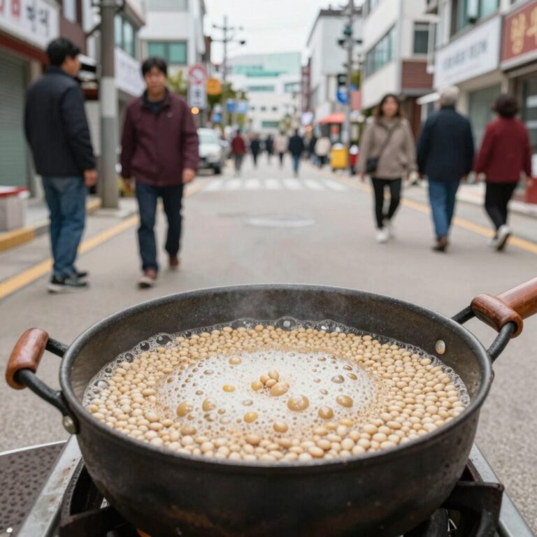 냄비에서 끓고 있는 삶은 콩과 거품을 걷는 모습