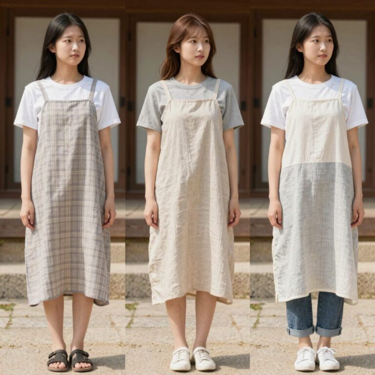 여름용 앞치마 세 가지 종류를 비교한 사진으로 왼쪽부터 망사 원피스, 인견 방수, 린넨 생활방수 앞치마