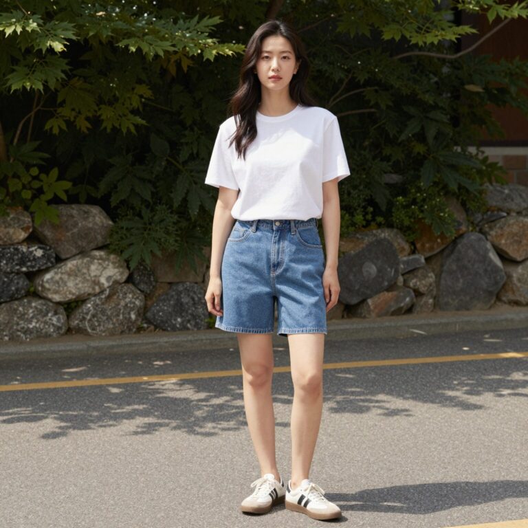 버뮤다 반바지와 오버핏 티셔츠를 입은 여성의 캐주얼 여름 코디