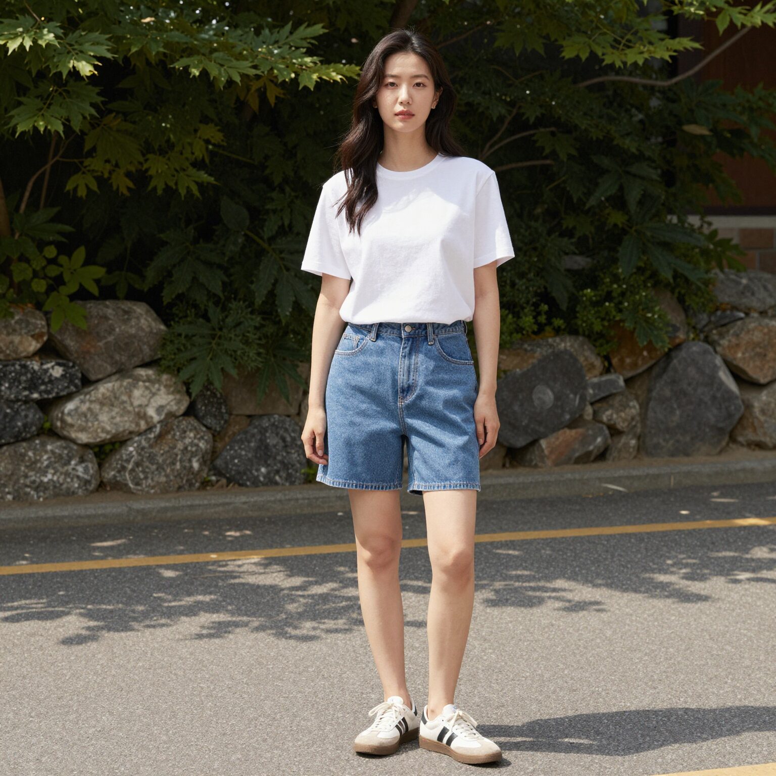 버뮤다 반바지와 오버핏 티셔츠를 입은 여성의 캐주얼 여름 코디