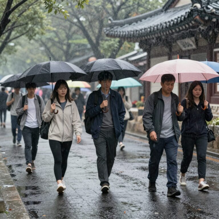 한반도 장마철 빗속 풍경, 우산을 쓴 사람들이 걷는 모습