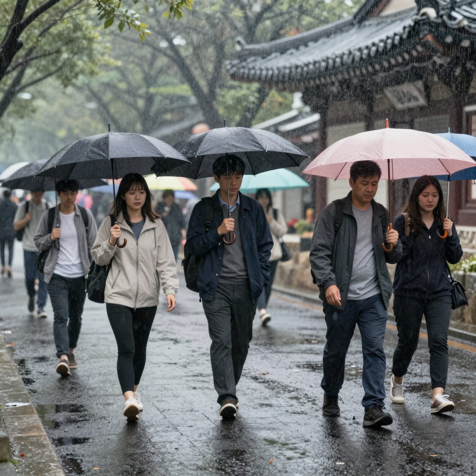 한반도 장마철 빗속 풍경, 우산을 쓴 사람들이 걷는 모습