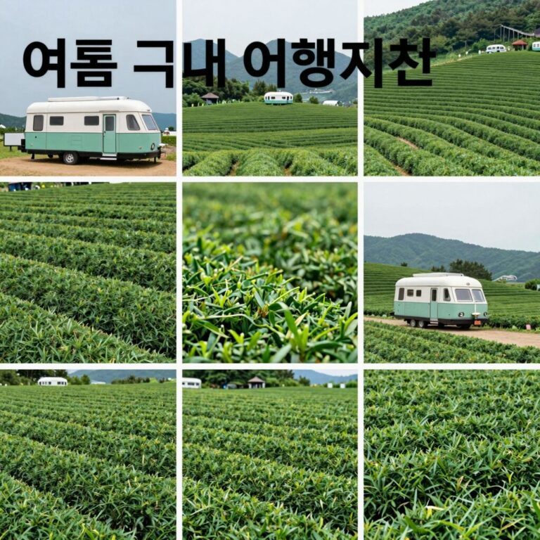 여름 국내 여행지 추천 충북 영동 별애드림 카라반과 보성 녹차밭 풍경이 담긴 콜라주 사진
