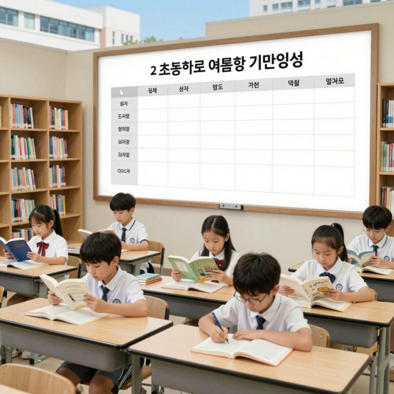 2026년 초등학교 여름방학 기간 일정표와 아이들이 도서관에서 책을 읽는 모습