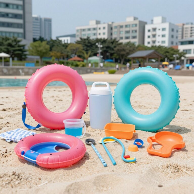 여름 물놀이 용품 세트로 수영 보조 장비와 에어 제품, 안전 용품이 함께 있는 모습