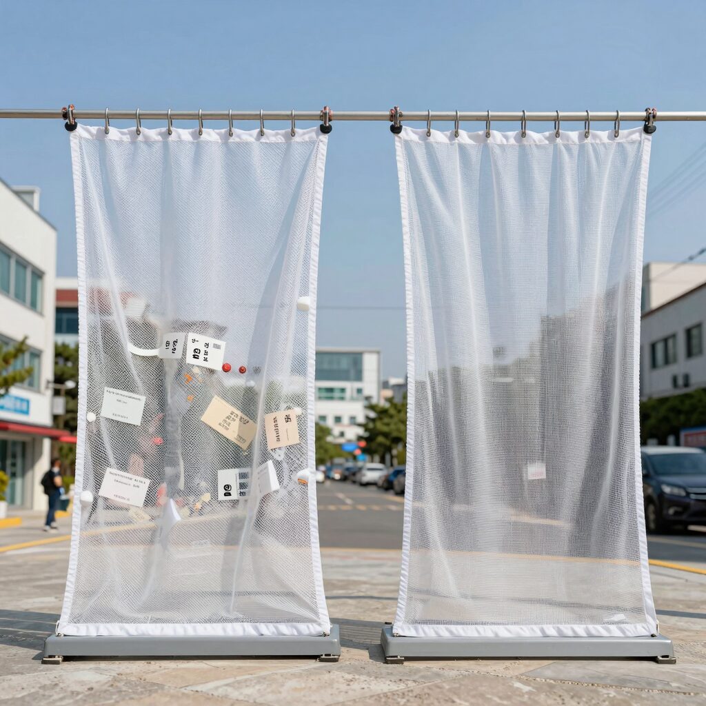 실리콘 수모와 메쉬 수모를 나란히 놓고 비교한 사진. 각각의 재질과 디자인 차이를 한눈에 볼 수 있다.
