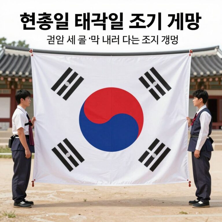 현충일 태극기 조기 게양 방법 설명 이미지 태극기 깃면 세로 길이만큼 내려서 다는 조기 게양법과 태극기 건곤감리 위치를 나타낸 일러스트