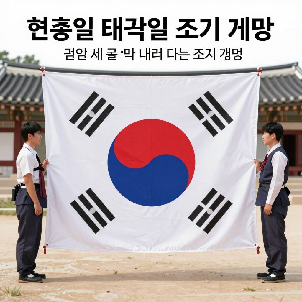 현충일 태극기 조기 게양 방법 설명 이미지 태극기 깃면 세로 길이만큼 내려서 다는 조기 게양법과 태극기 건곤감리 위치를 나타낸 일러스트