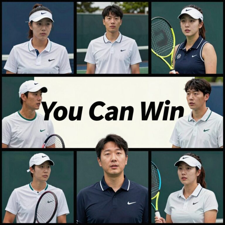 테니스 코치 영화 포스터 네 장이 콜라주 형태로 배치되어 있으며 가운데 'You Can Win'이라는 문구가 강조되어 있다.