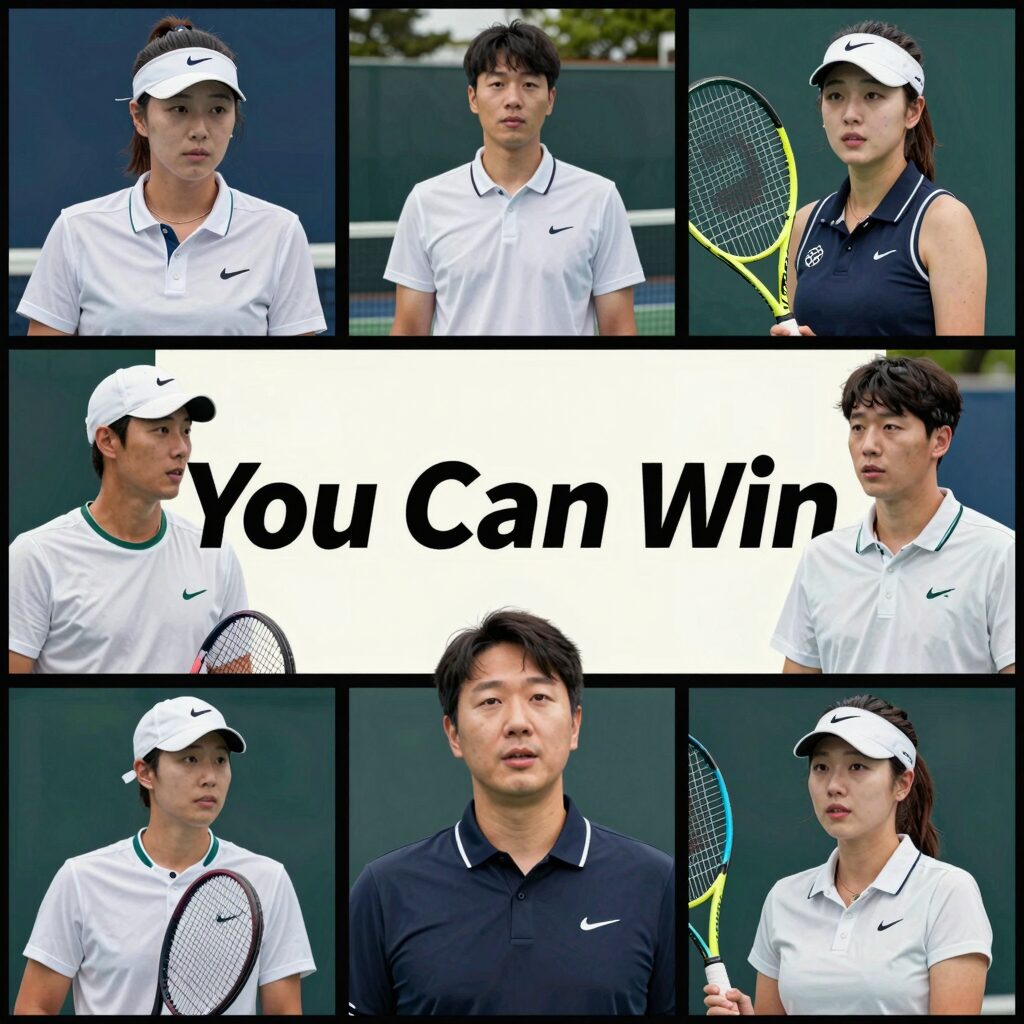 테니스 코치 영화 포스터 네 장이 콜라주 형태로 배치되어 있으며 가운데 'You Can Win'이라는 문구가 강조되어 있다.