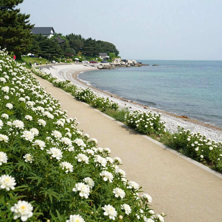 통영 이순신공원 수국과 바다가 어우러진 해안 산책로 풍경