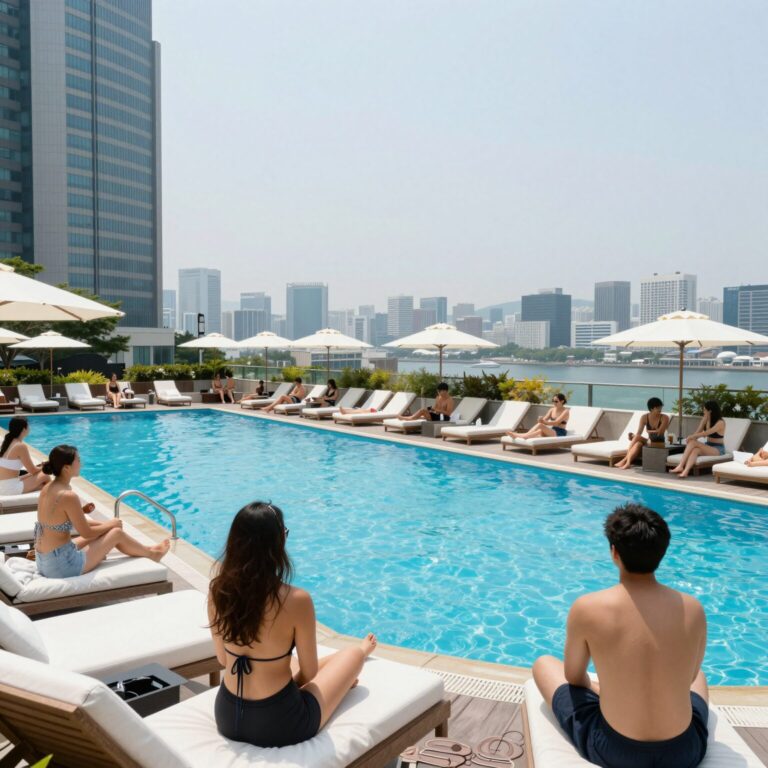 워커힐 풀파티 수영장 전경과 라운지 침대