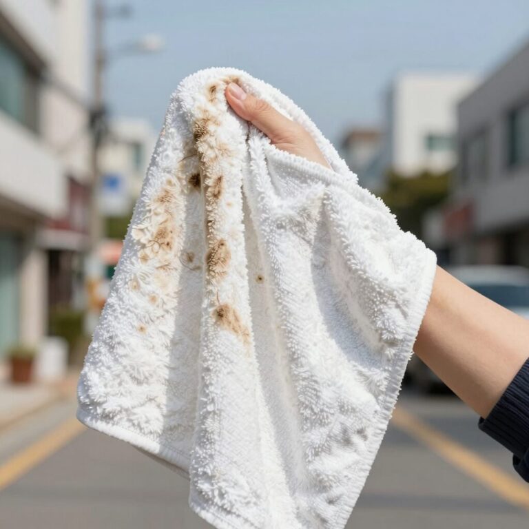 워싱소다에 담근 수건에서 누런 때가 녹아 나오는 모습