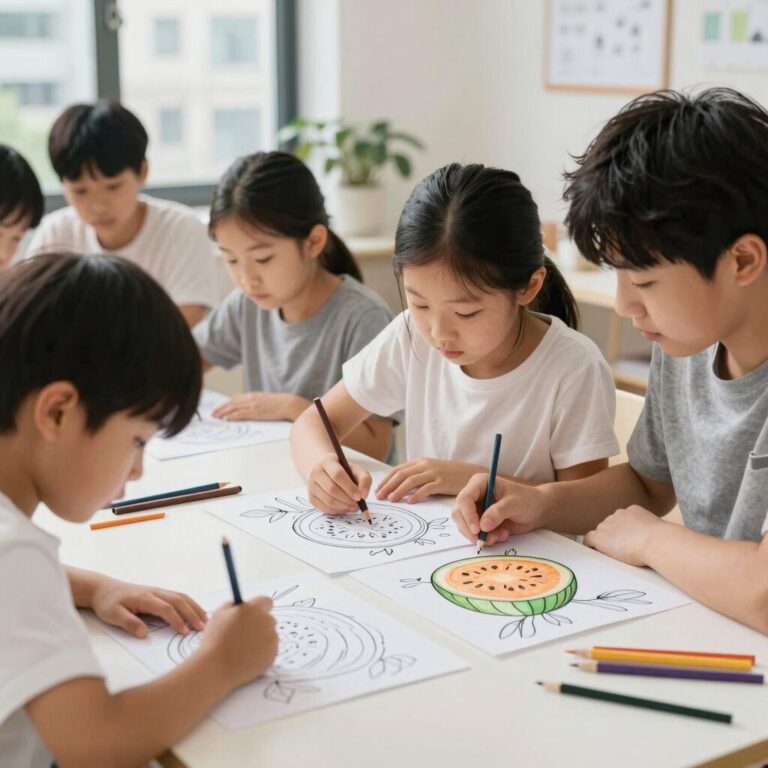 아이들이 수박 색칠 도안을 즐겁게 색칠하는 모습