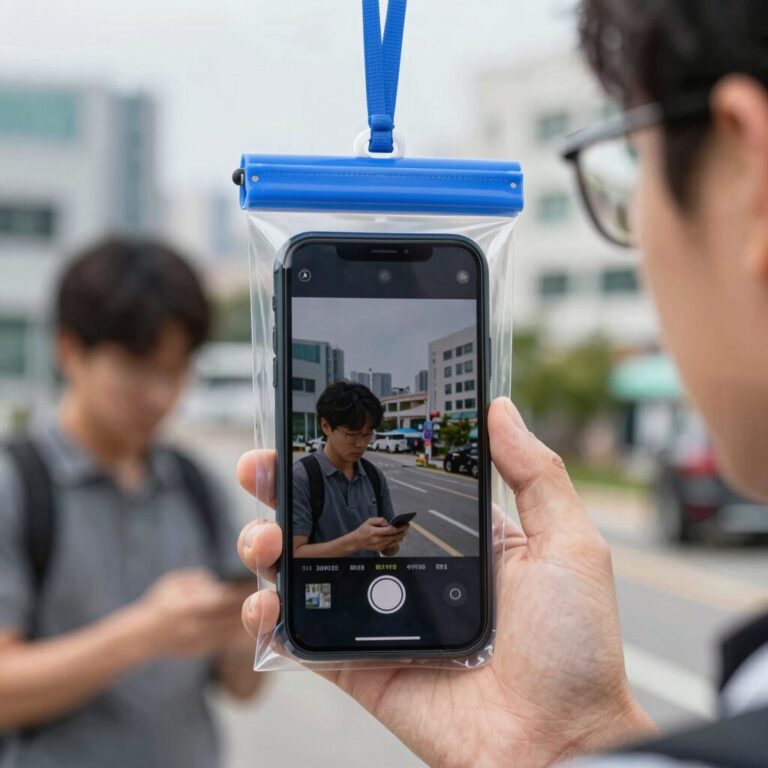 물속에서 핸드폰 방수팩을 테스트하는 모습. 투명창 너머로 선명한 화면이 보인다.