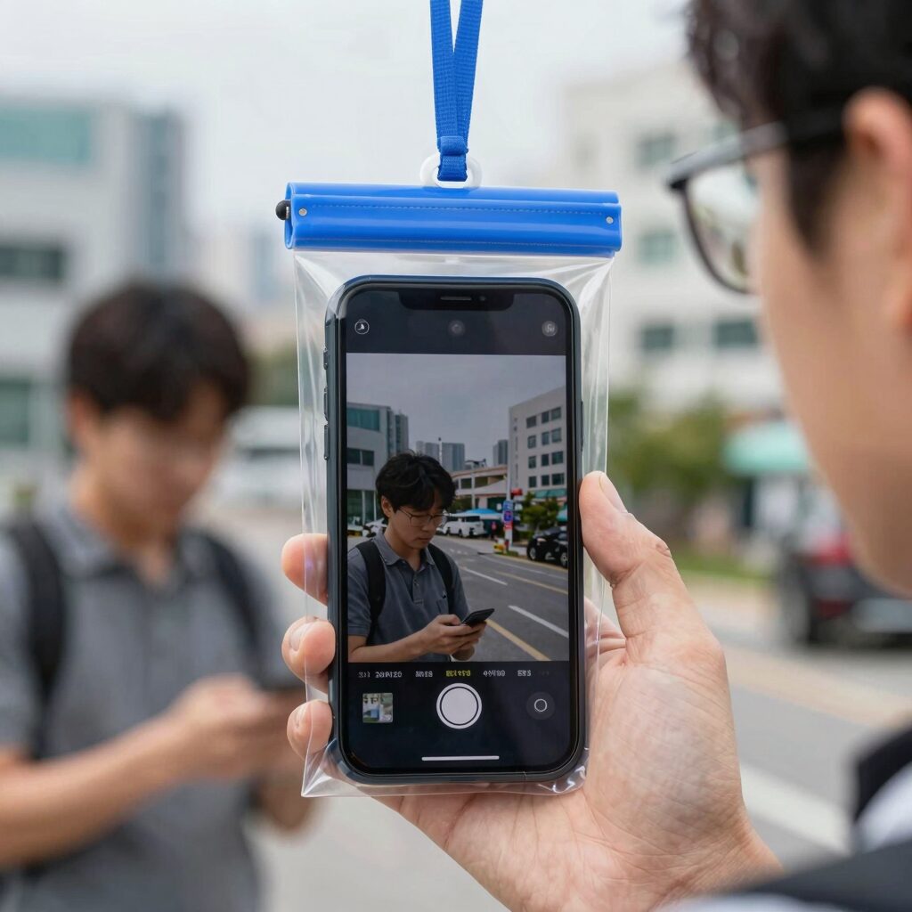 물속에서 핸드폰 방수팩을 테스트하는 모습. 투명창 너머로 선명한 화면이 보인다.