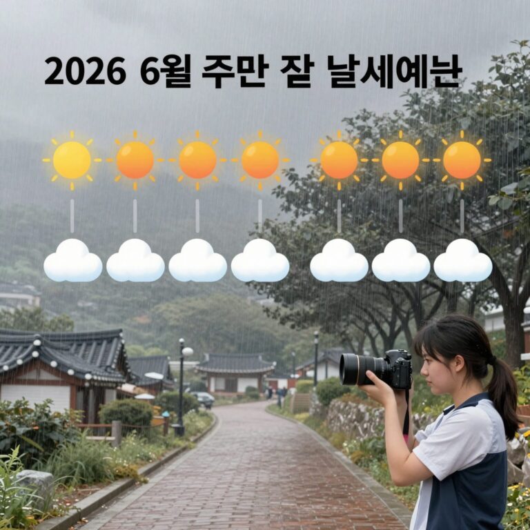2026년 6월 주말 전국 날씨 예보 일러스트 폭염과 소나기