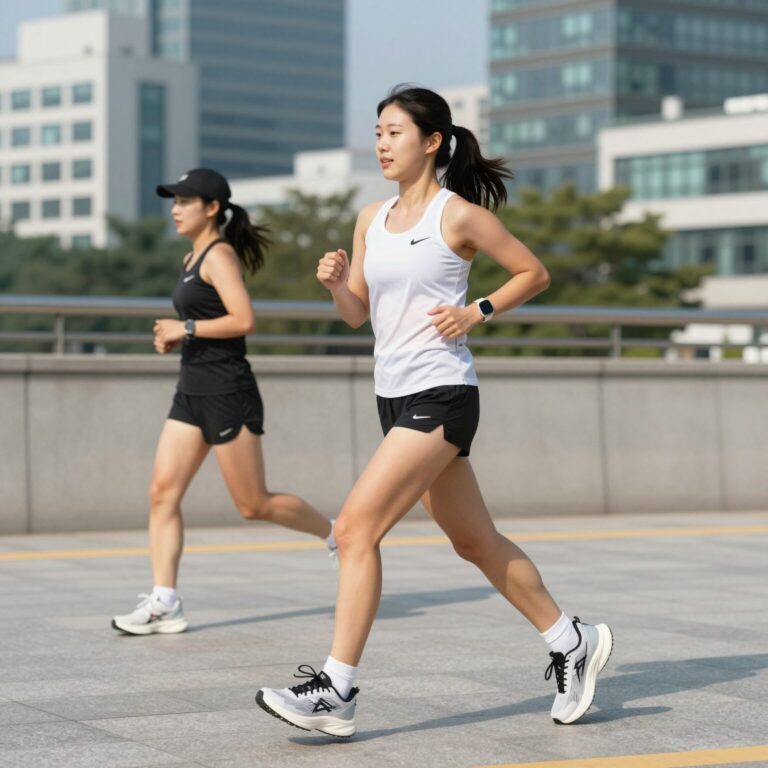 여성 러닝 반바지 착용 모습 러닝화와 매치한 스타일
