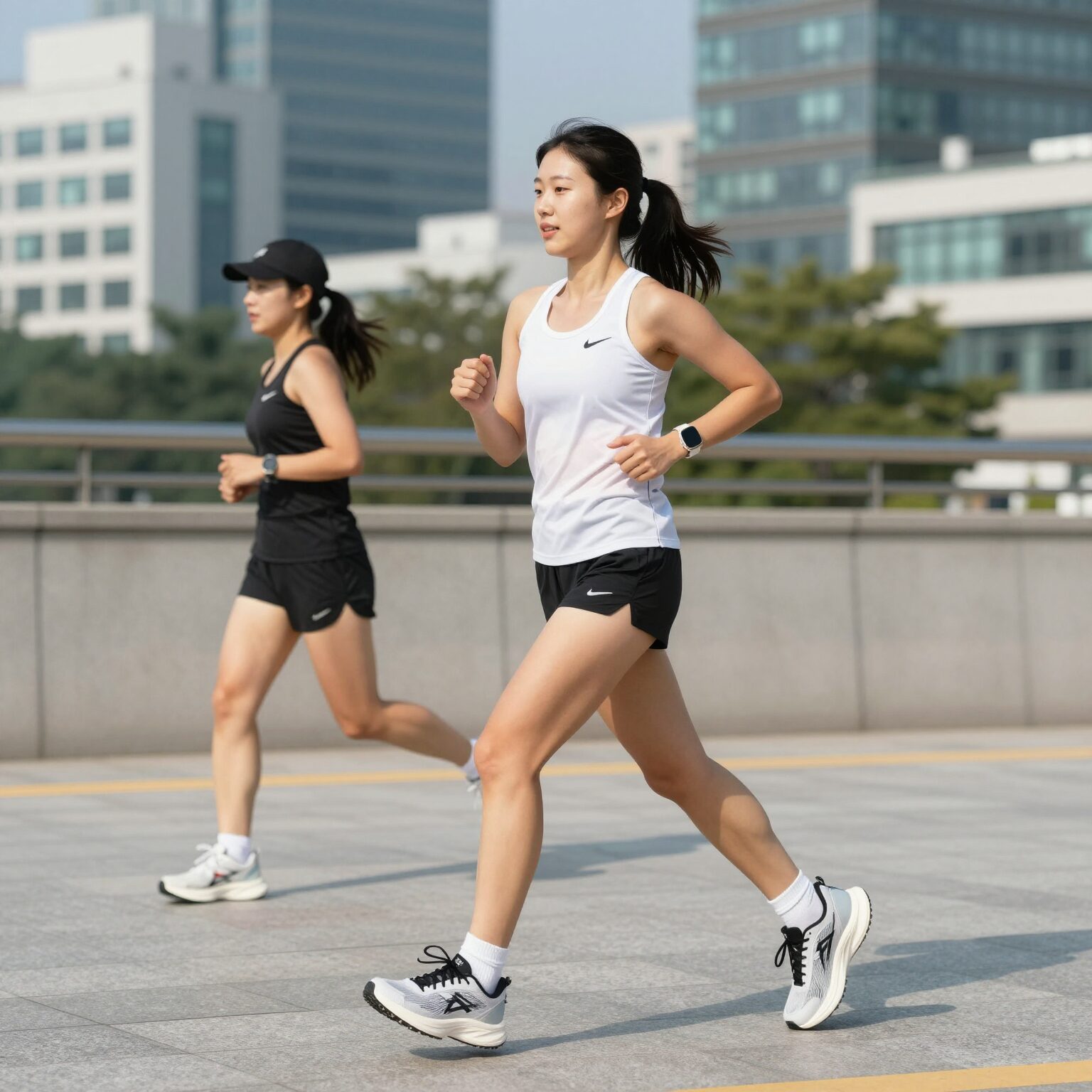 여성 러닝 반바지 착용 모습 러닝화와 매치한 스타일