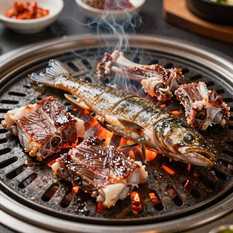 용담숯불갈비민물장어 양평본점에서 민물장어와 돼지갈비가 숯불 위에 구워지는 모습