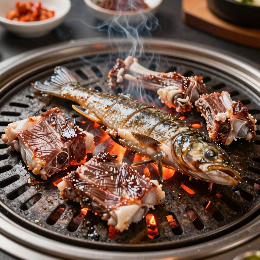 용담숯불갈비민물장어 양평본점에서 민물장어와 돼지갈비가 숯불 위에 구워지는 모습