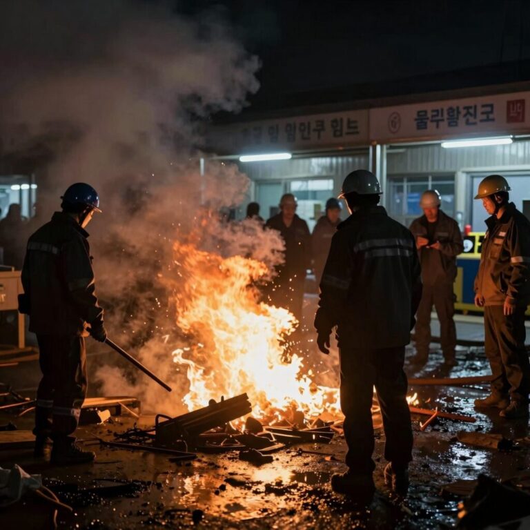 용인 처인구 물류창고 화재 현장에서 불길과 연기가 치솟고 있는 모습