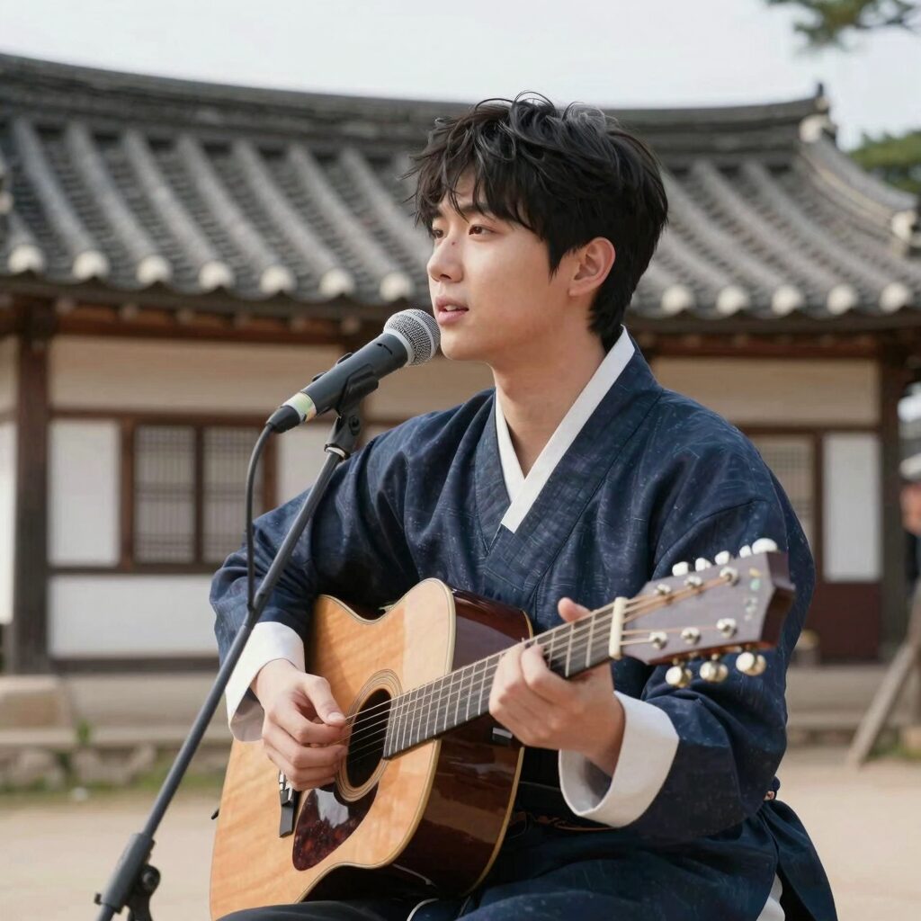 가수 윤성이 전주 한옥마을에서 촬영한 사진, 한국적 정서와 음악적 영감을 보여주는 배경