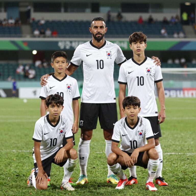 지네딘 지단과 네 아들이 함께 포즈를 취한 가족 사진. 축구장 배경.