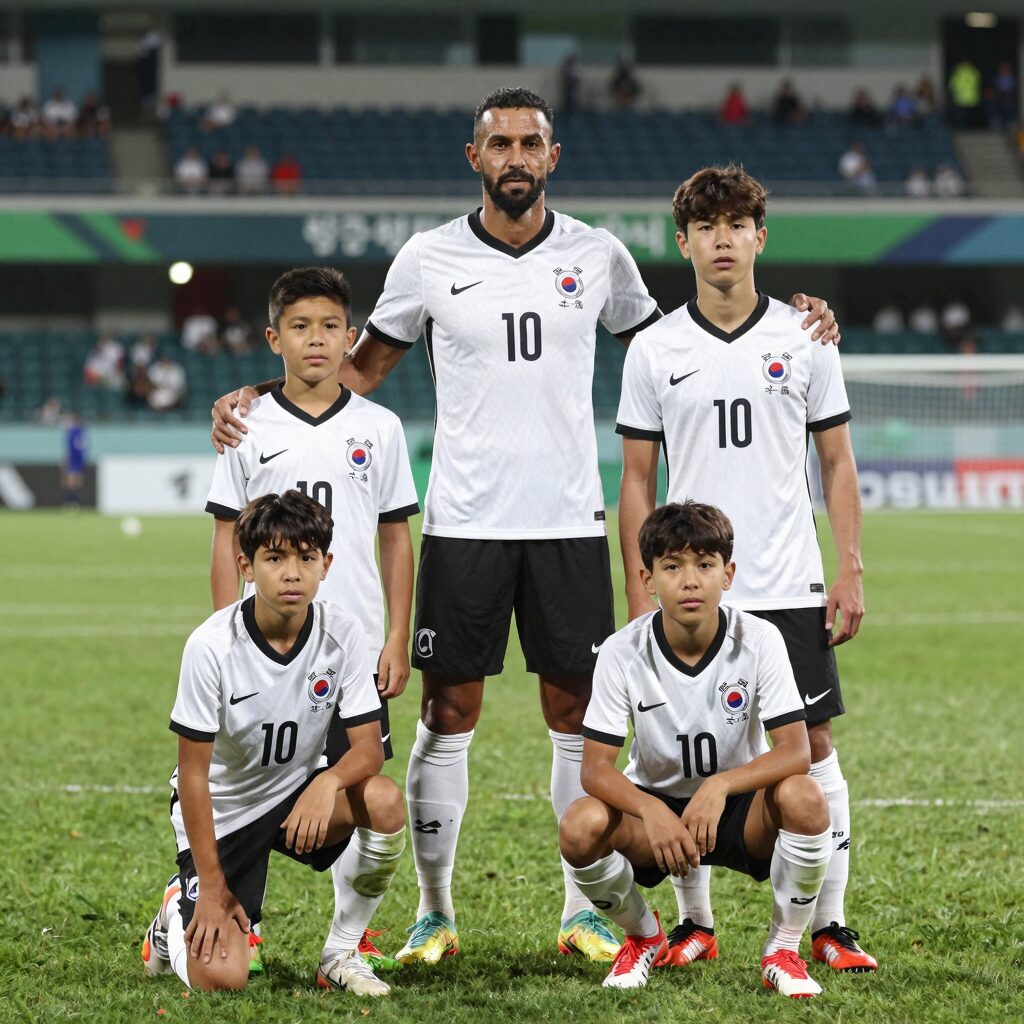 지네딘 지단과 네 아들이 함께 포즈를 취한 가족 사진. 축구장 배경.