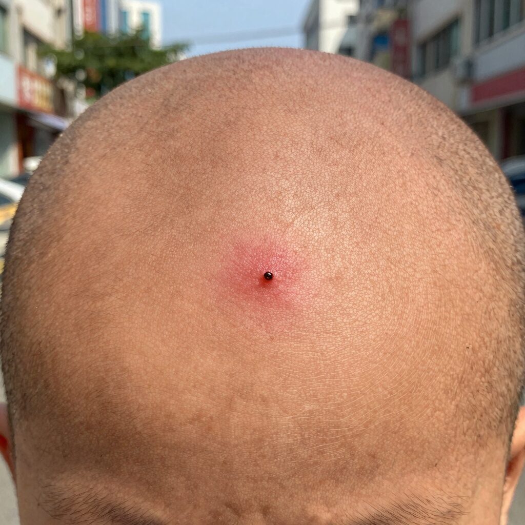 개미 물린자국으로 인한 붉은 반점과 중앙의 작은 수포가 선명하게 보이는 사진