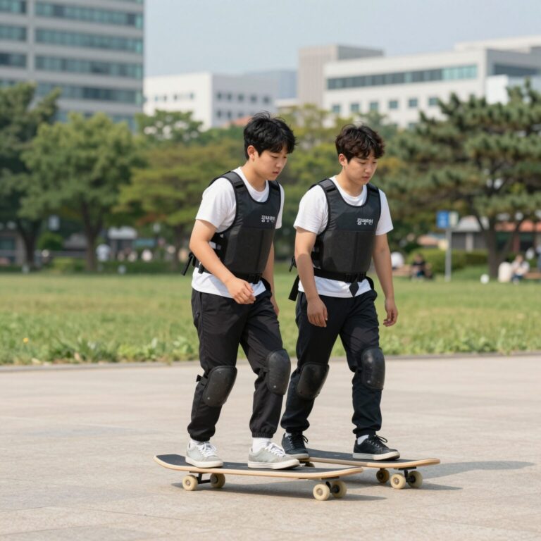 공원에서 스킴보드를 타는 초보자가 보호장구를 착용한 모습
