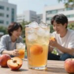 복숭아즙 효능 시골내음 얼음에 타서 시원하게 마시는 모습