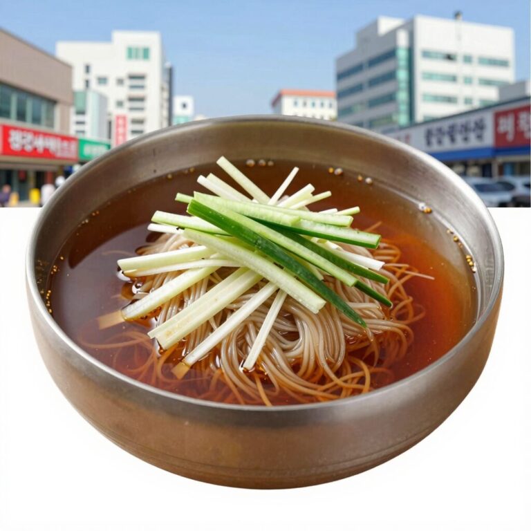 시원한 냉면 육수 묵사발 한 그릇에 묵과 고명이 담겨 있다