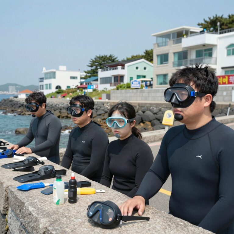 우도 스노쿨링 장비 대여소에서 마스크를 착용한 고객의 모습