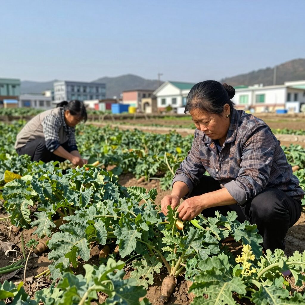 신선한 고구마 잎을 손질하는 모습