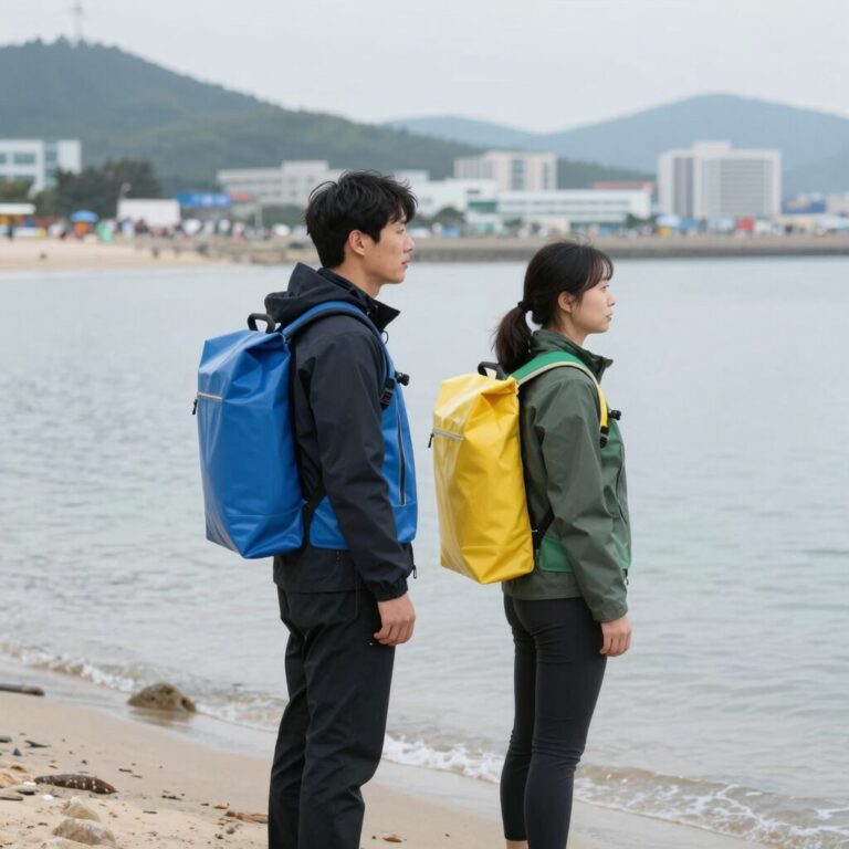 오션월드 유수풀에서 방수팩을 착용한 모습