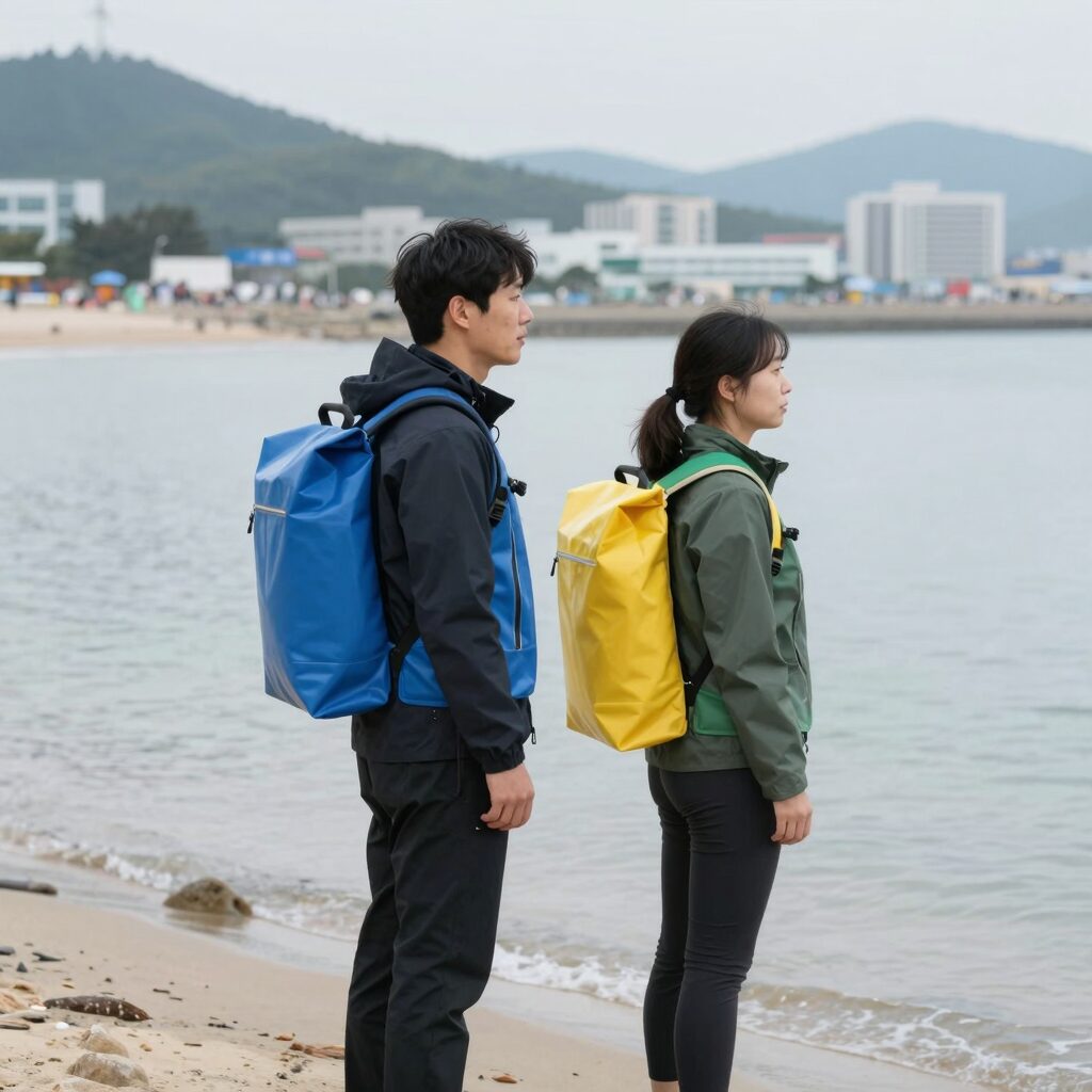 오션월드 유수풀에서 방수팩을 착용한 모습