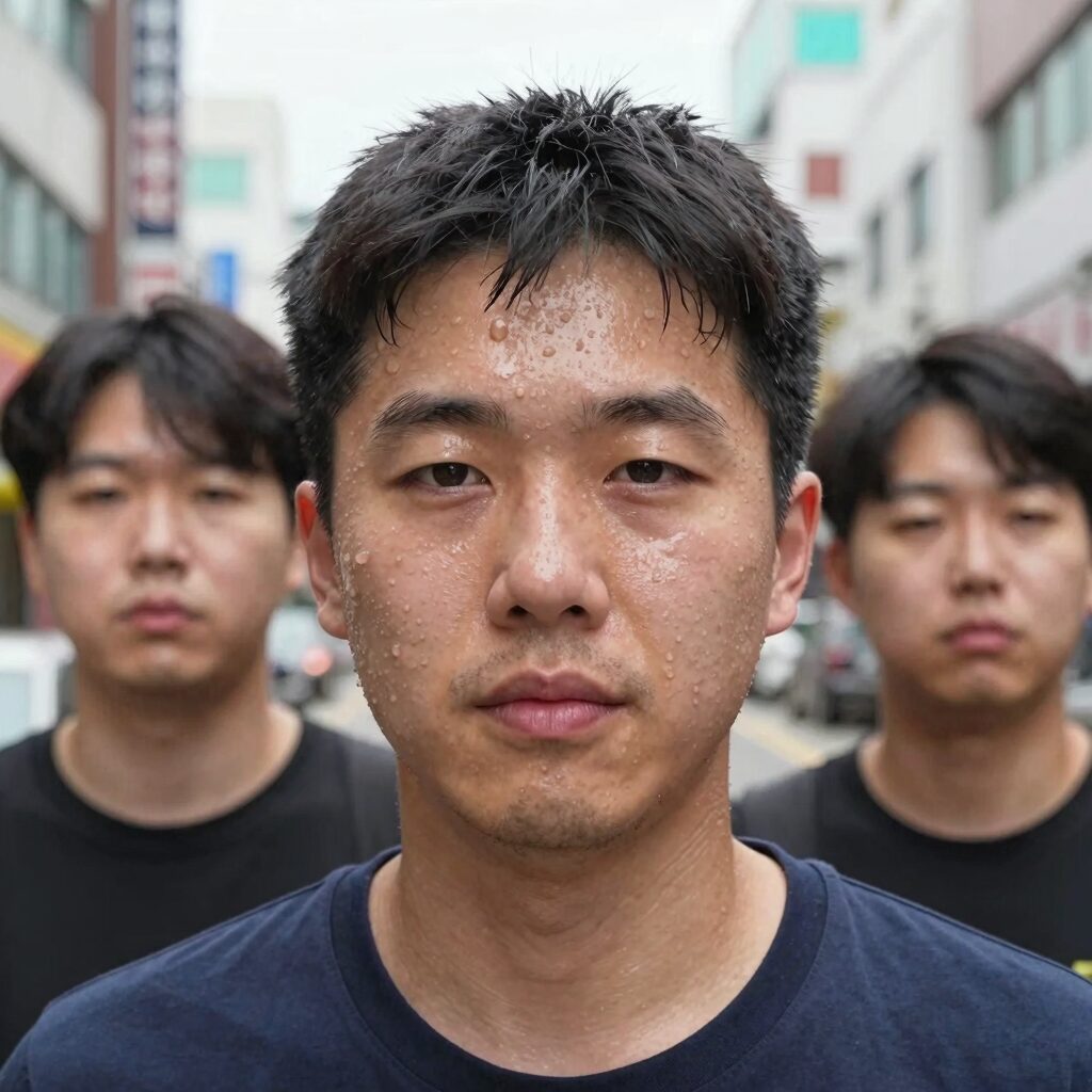 음식먹을때 땀 많이 나는 사람의 얼굴 모습