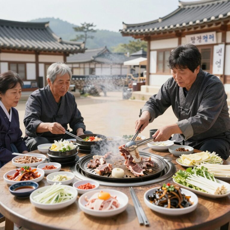 평창 한우마을 면온점에서 한우를 굽는 모습과 정갈하게 차려진 상차림